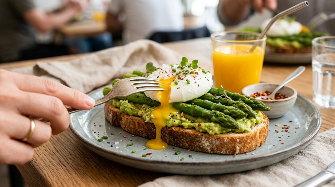 Avocado, pochiertes Ei und Spargel: der ultra leckere Toast, den ich zubereite, wenn ich einen einfachen aber beeindruckenden Brunch will