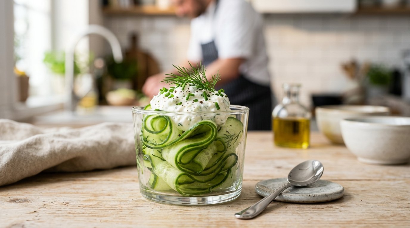 Eine einzige Bewegung an der Gurke verwandelt den Aperitif: meine Gäste kratzen das Gläschen aus, um nichts darin zu lassen